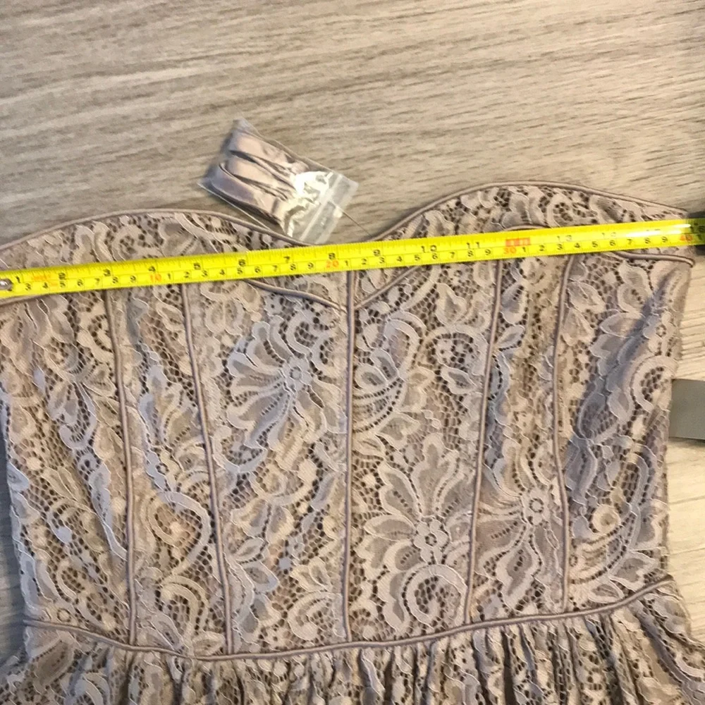 eva mendes for New York & Company Strapless Lace Midi Dress in Taupe Beige